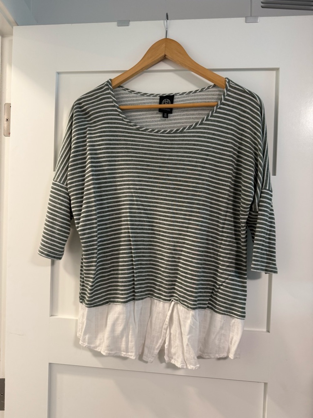 Bobeau Green & White Striped Layered-Hem Blouse